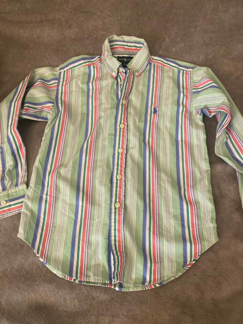 Ralph Lauren Green Striped Button-Down Shirt with Red & Blue Accents